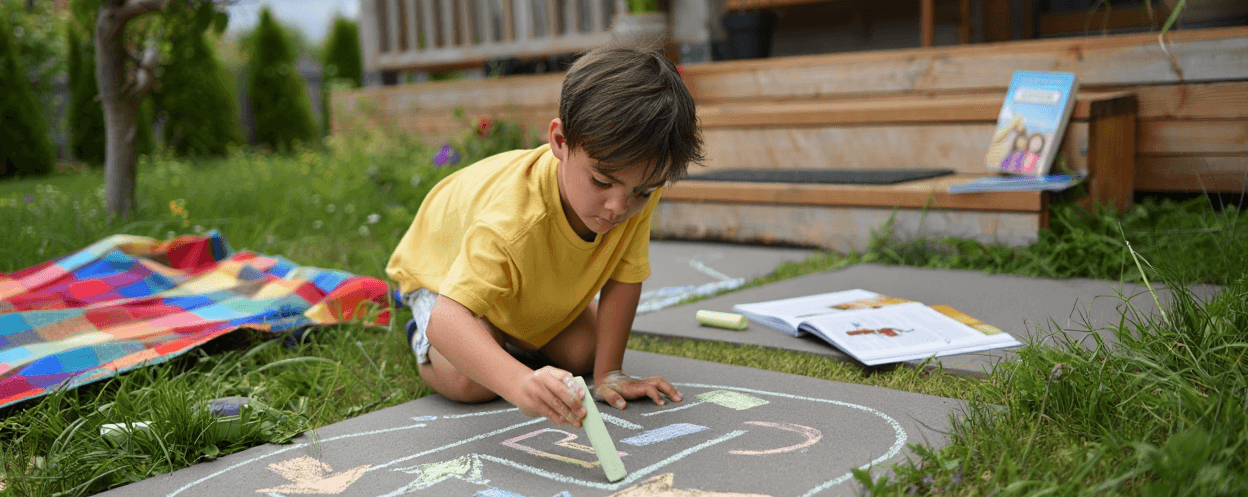 Child drawing colorful shapes with chalk on a gray mat outdoors.