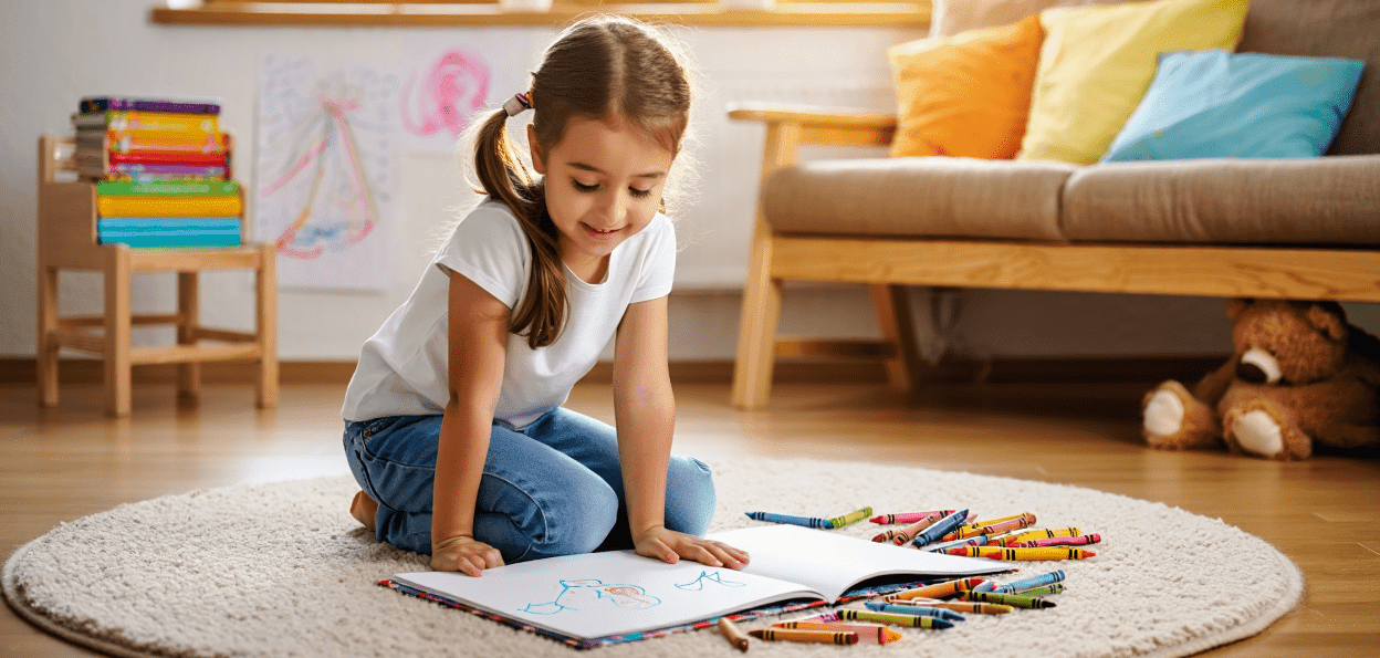 Child drawing with crayons on a rug, surrounded by colorful books and a teddy bear.